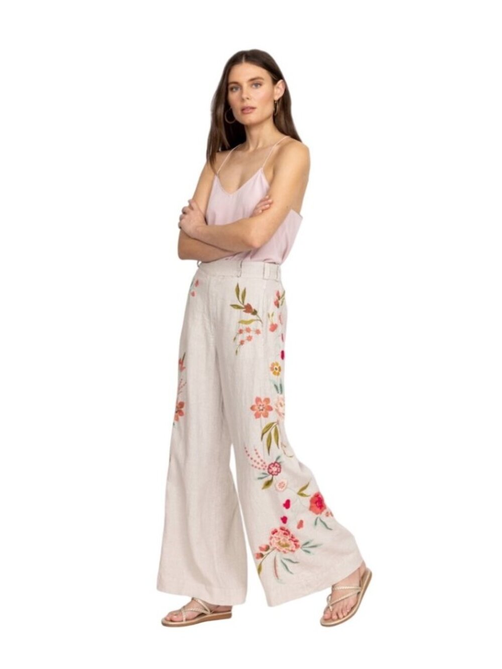 Johnny Was Womens Wide Leg Linen Pants Embroidered Floral High Waist Tan Large